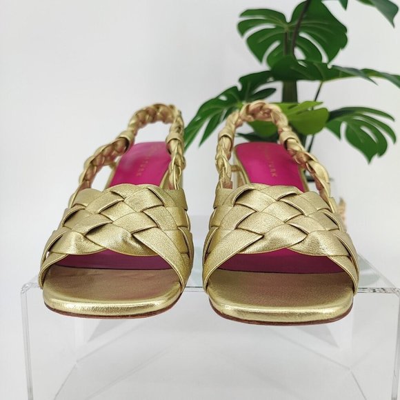 Trina Turk Gold Braided Block Heel Sandals - Picture 2 of 9